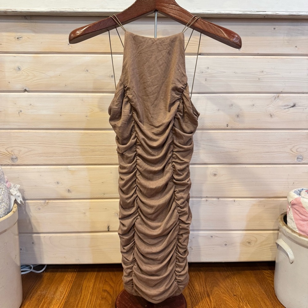 Tan Gold Ruched Halter Bodycon Dress